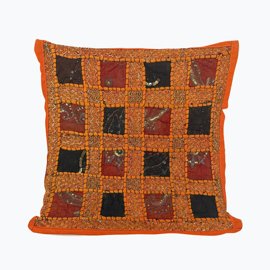 16" Orange Tapestry Patchwork Pillow Cases Indian Handmade Beaded Cushion Cover Decor Black Beaded Tapestry Pillow Cover: Vintage Indian Embroidered Cushion #26