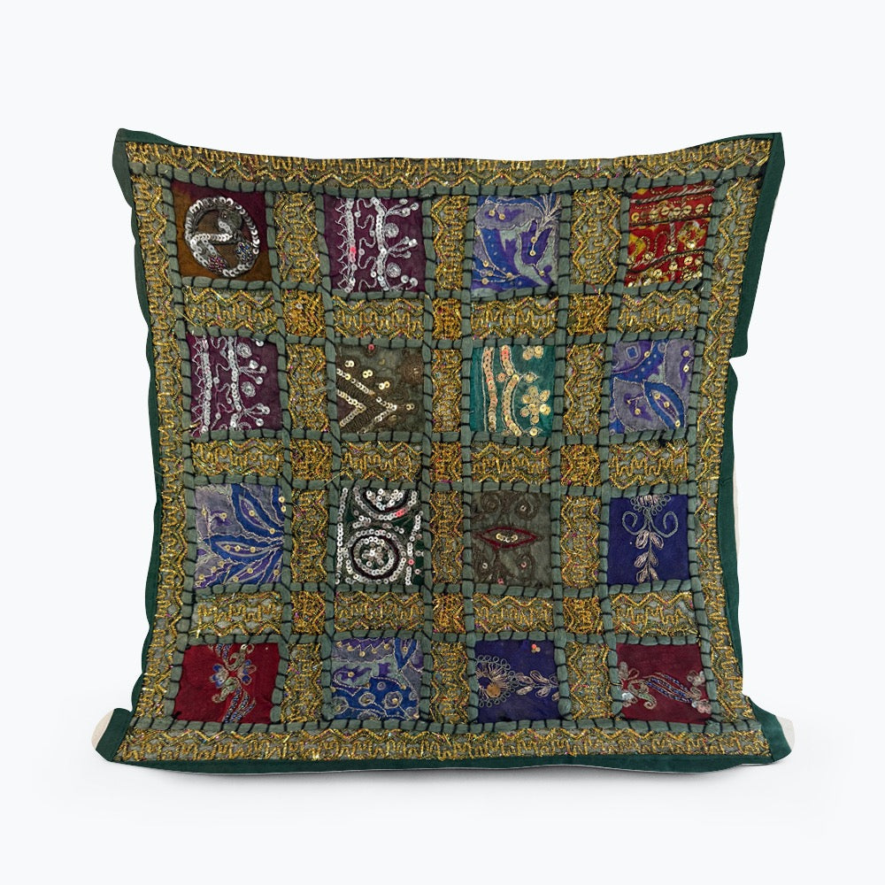 16" Square Green Vintage Tapestry Pillow Cover: Beaded Zari Embroidery, 16" Square