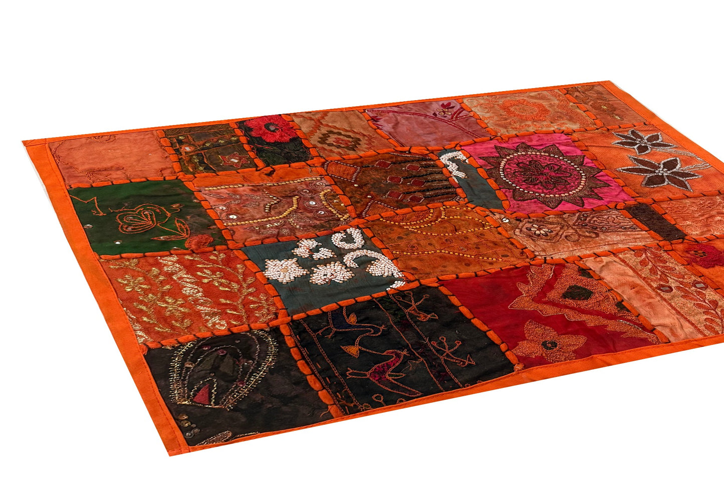 20" Orange Beaded Tapestry Placemat: Zardozi Indian Table Mat