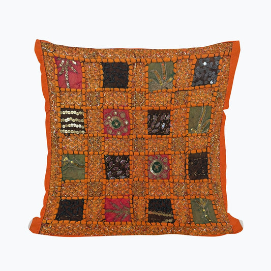 16" Orange Tapestry Patchwork Pillow Cases Indian Handmade Beaded Cushion Cover Decor Black Beaded Tapestry Pillow Cover: Vintage Indian Embroidered Cushion #32