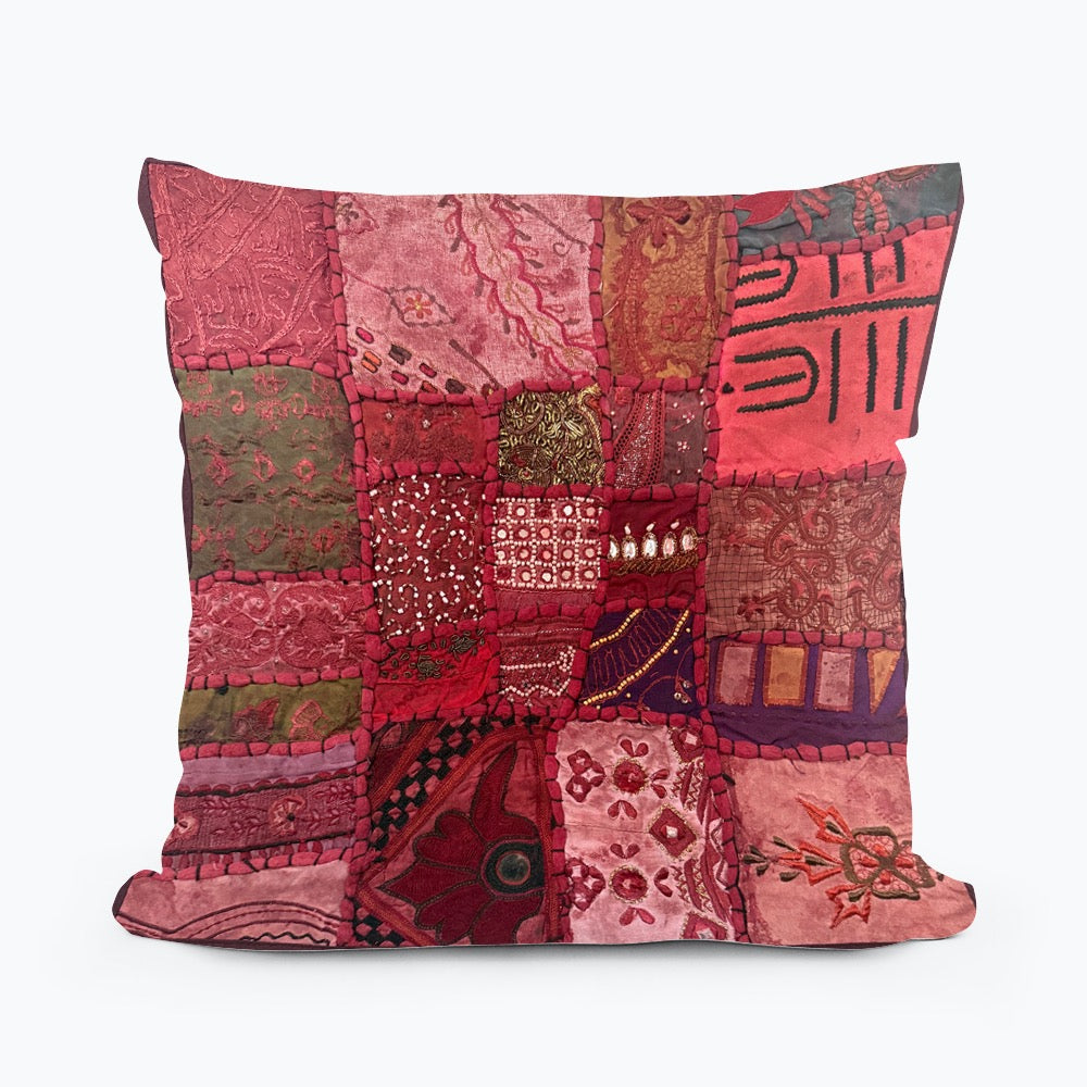 Handmade Indian Patchwork Cushion Cover – 16x16 Inch Red Boho Tapestry Pillow Burgundy Beaded Tapestry Pillow Cover: Vintage Indian Embroidered Cushion