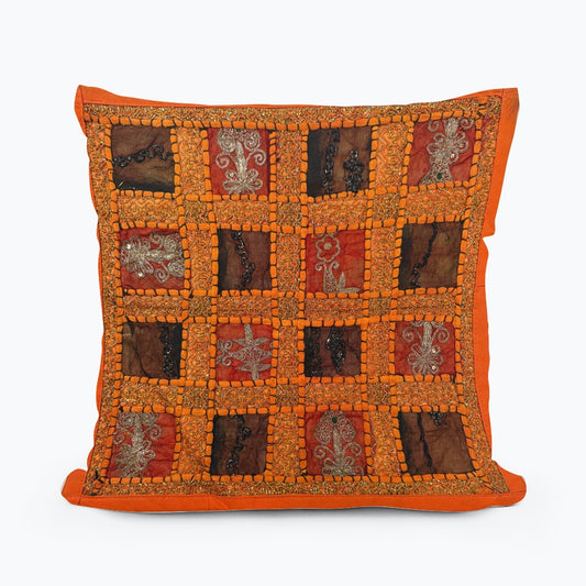 16" Orange Tapestry Patchwork Pillow Cases Indian Handmade Beaded Cushion Cover Decor Black Beaded Tapestry Pillow Cover: Vintage Indian Embroidered Cushion #36