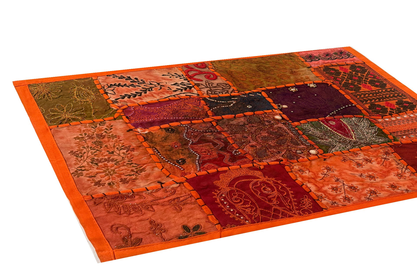 20" Orange Beaded Tapestry Placemat: Zardozi Indian Table Mat