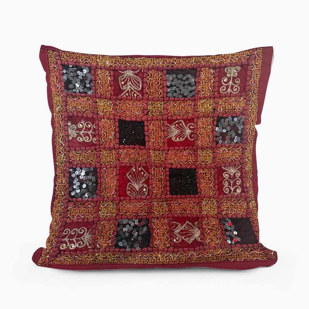 Handmade Indian Patchwork Cushion Cover – 16x16 Inch Red Boho Tapestry Pillow Burgundy Beaded Tapestry Pillow Cover: Vintage Indian Embroidered Cushion