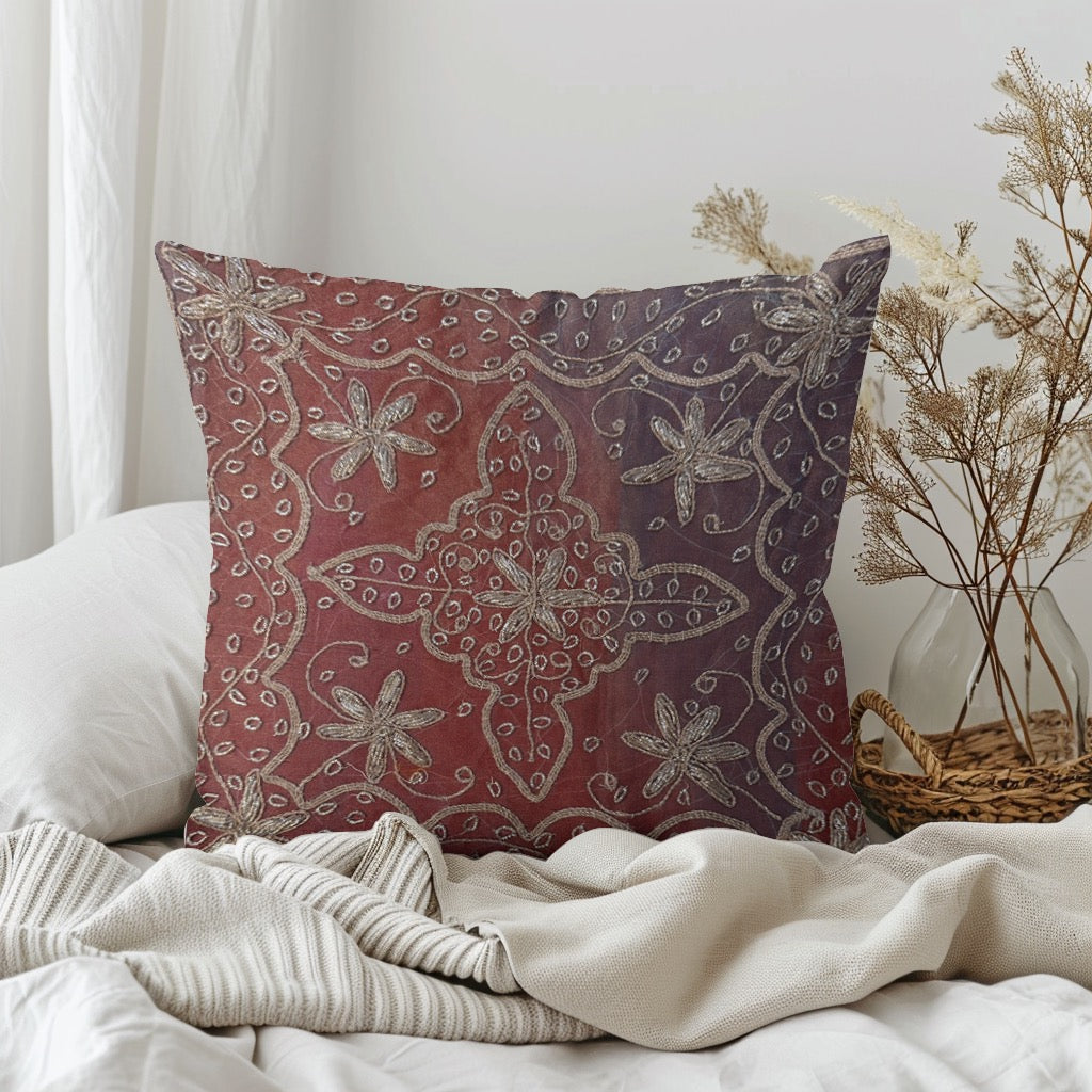 12" Inch  Square Organza Embroidered Pillow Cover: Handmade Zardozi, Ethnic Floral Design