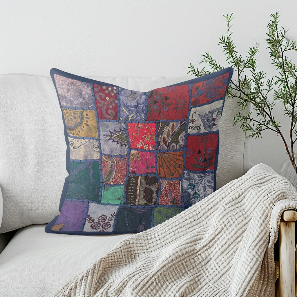 Blue Handmade Embroidered Indian Pillow Cover 16x16 – Decorative Cushion Case with Zari & Sequin Work, Bohemian Throw Pillow Cover for Sofa, Bed, Living Room, Luxury Handmade Home Décor