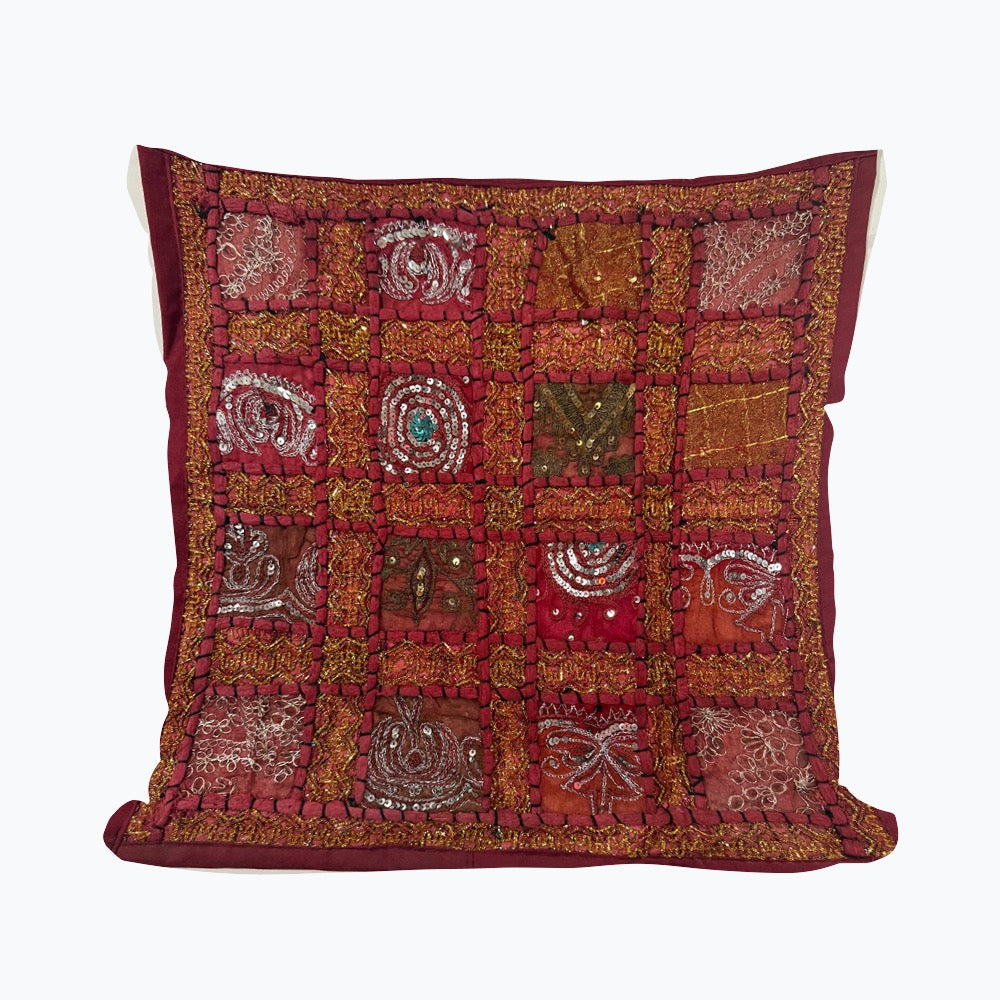 Handmade Indian Patchwork Cushion Cover – 16x16 Inch Red Boho Tapestry Pillow Burgundy Beaded Tapestry Pillow Cover: Vintage Indian Embroidered Cushion