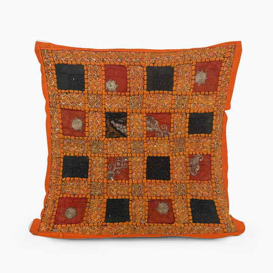 16" Orange Tapestry Patchwork Pillow Cases Indian Handmade Beaded Cushion Cover Decor Black Beaded Tapestry Pillow Cover: Vintage Indian Embroidered Cushion #30
