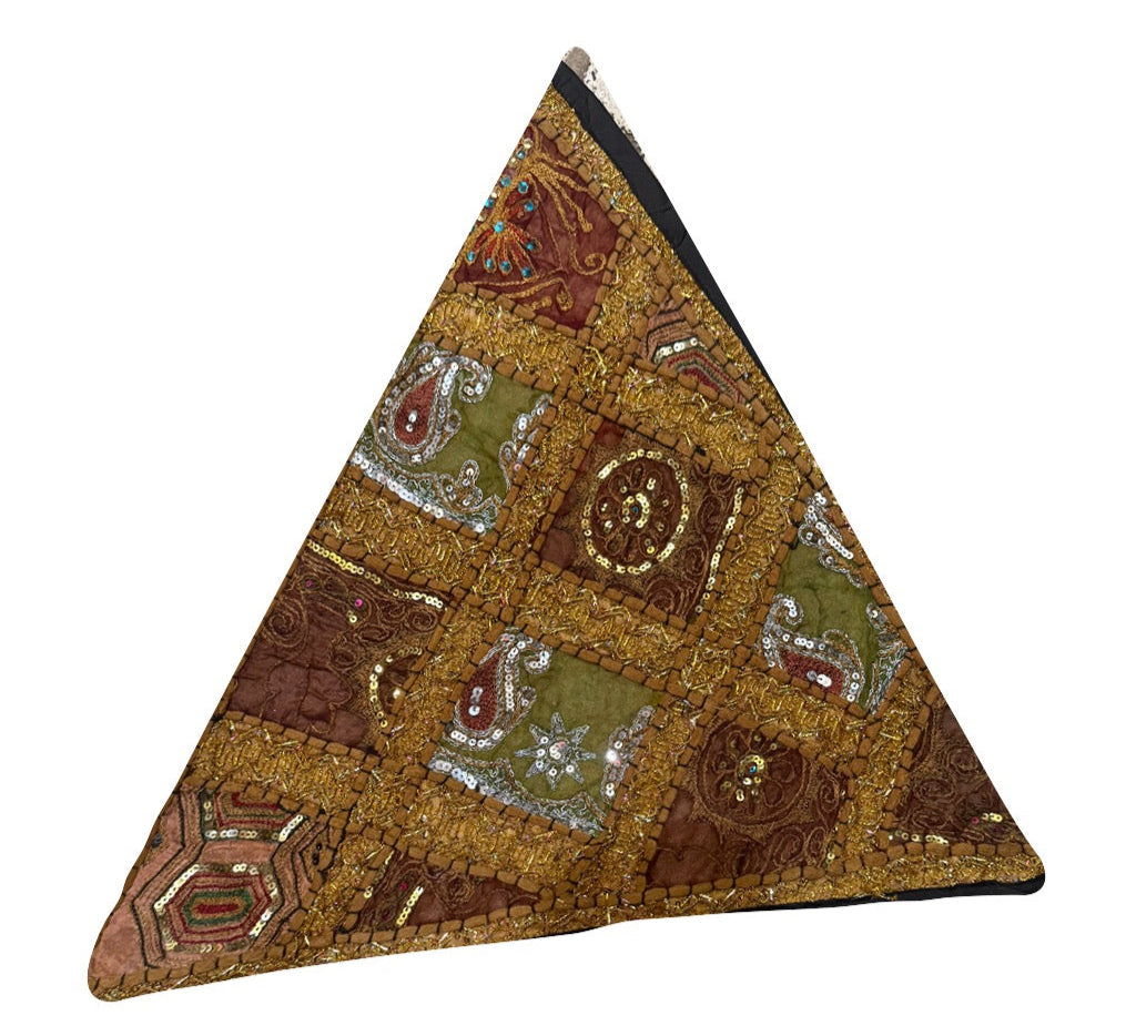 23'' Ethnic Indian Embroidery Beaded Patchwork Triangle Pillow Cushion Cover Handmade Indian Triangular Patchwork Cushion – 23x23 Inch Decorative Pillow #24