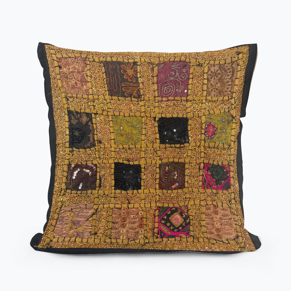 Handmade Indian Patchwork Cushion Cover – 16x16 Inch Boho Tapestry Pillow Vintage Embroidered Tapestry Pillow Cover – 16x16” Bohemian Decor (Jenny)