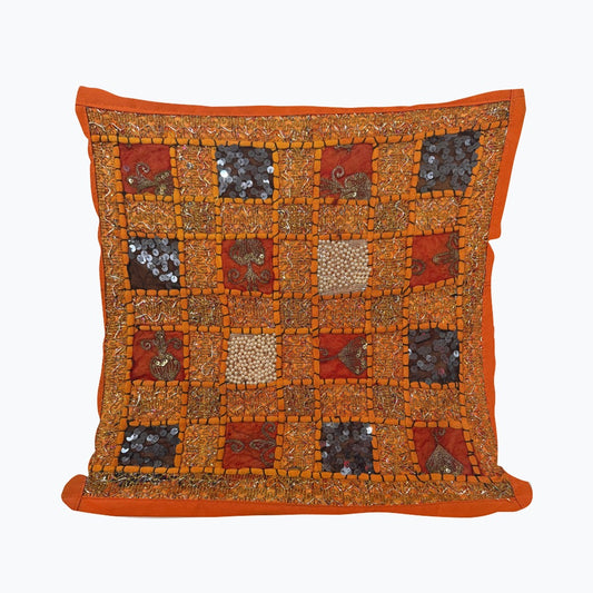 16" Orange Tapestry Patchwork Pillow Cases Indian Handmade Beaded Cushion Cover Decor Black Beaded Tapestry Pillow Cover: Vintage Indian Embroidered Cushion #31
