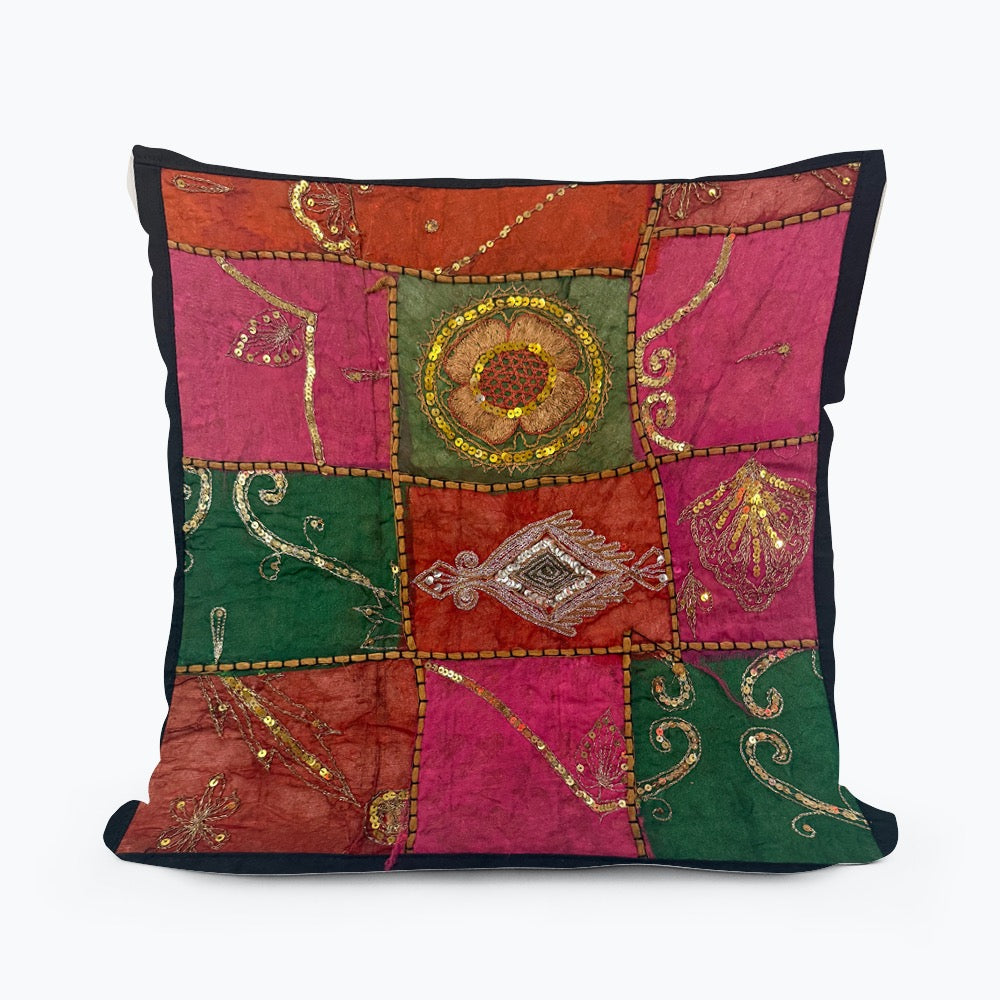 16" Tapestry Patchwork Pillow Cases Indian Handmade Beaded Cushion Cover Decor Black Beaded Tapestry Pillow Cover: Vintage Indian Embroidered Cushion (Dolly)