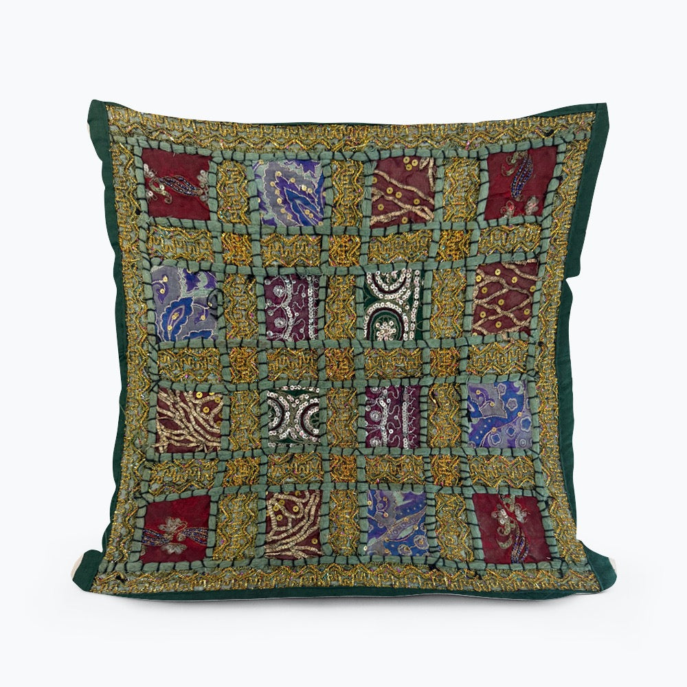 16" Square Green Vintage Tapestry Pillow Cover: Beaded Zari Embroidery, 16" Square