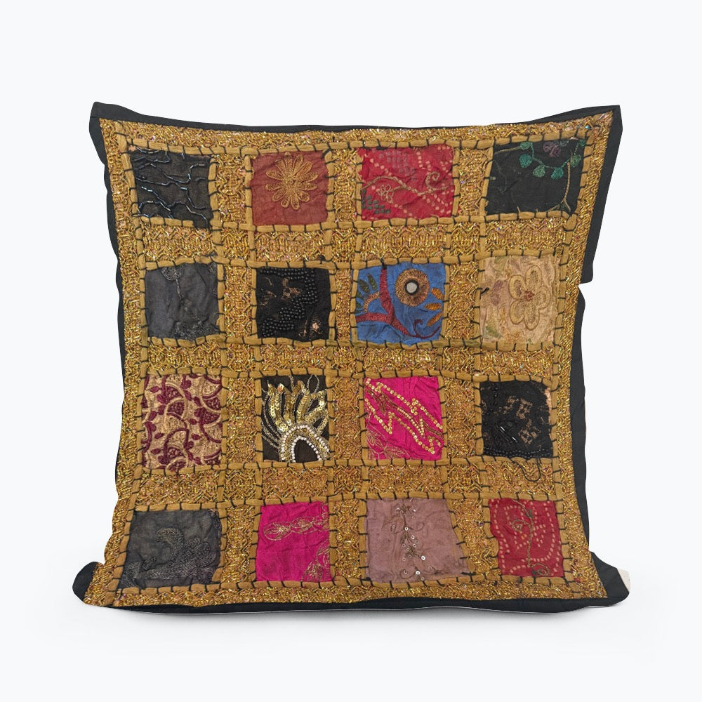Handmade Indian Patchwork Cushion Cover – 16x16 Inch Boho Tapestry Pillow Vintage Embroidered Tapestry Pillow Cover – 16x16” Bohemian Decor (Jenny)