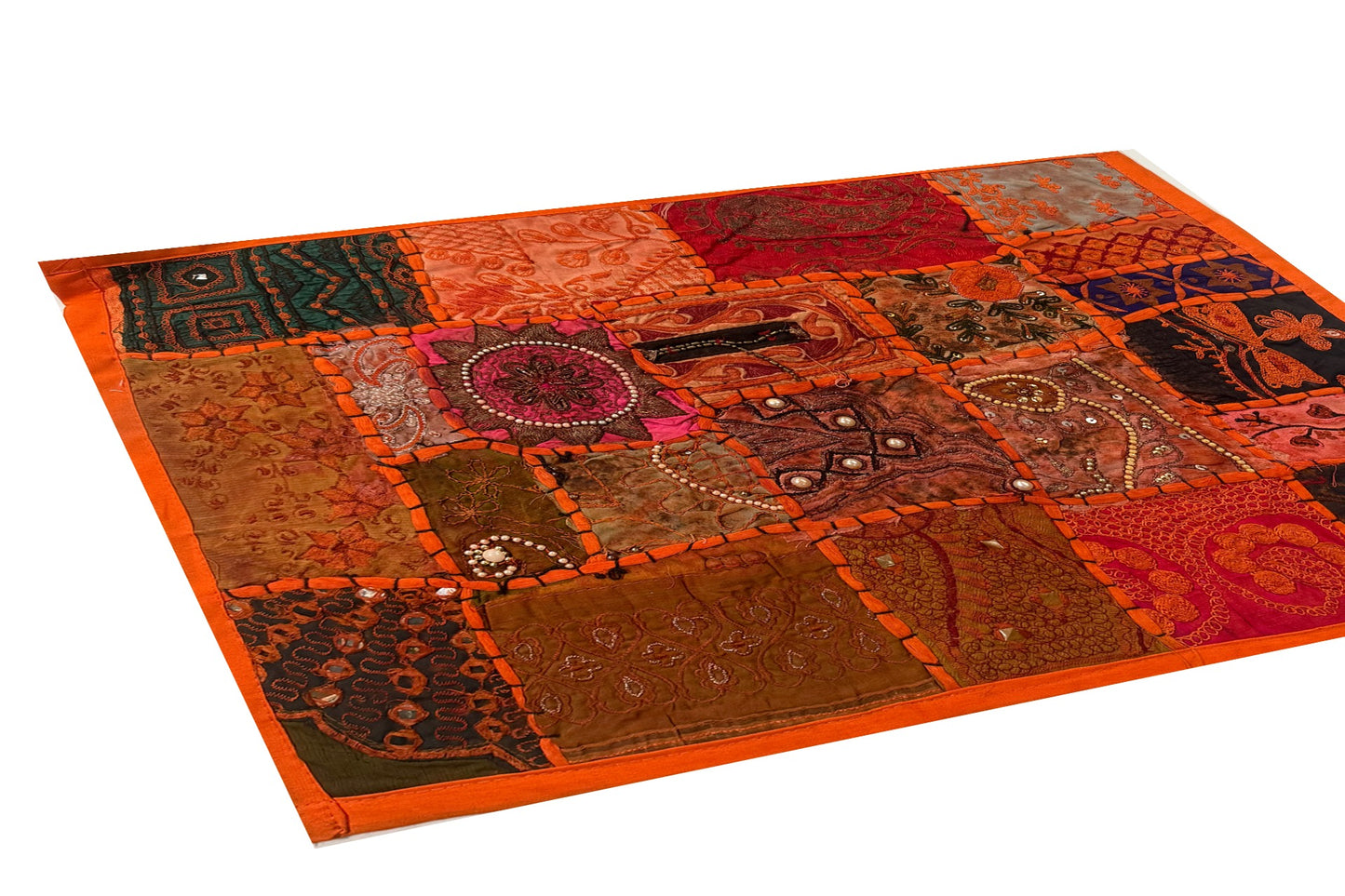 20" Orange Beaded Tapestry Placemat: Zardozi Indian Table Mat
