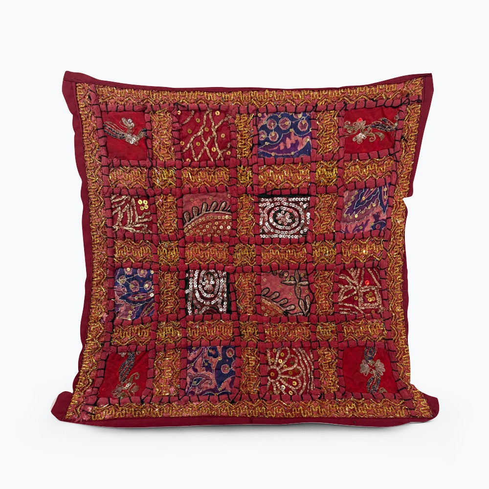 Handmade Indian Patchwork Cushion Cover – 16x16 Inch Red Boho Tapestry Pillow Burgundy Beaded Tapestry Pillow Cover: Vintage Indian Embroidered Cushion #14