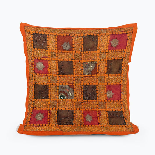 16" Orange Tapestry Patchwork Pillow Cases Indian Handmade Beaded Cushion Cover Decor Black Beaded Tapestry Pillow Cover: Vintage Indian Embroidered Cushion #35