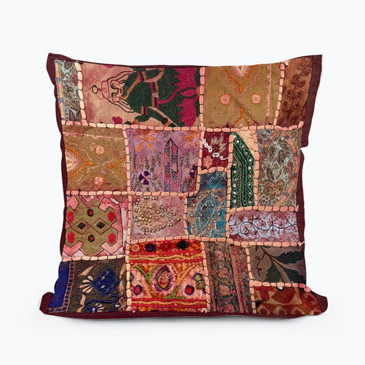 Handmade Indian Patchwork Cushion Cover – 16x16 Inch Red Boho Tapestry Pillow Burgundy Beaded Tapestry Pillow Cover: Vintage Indian Embroidered Cushion #15