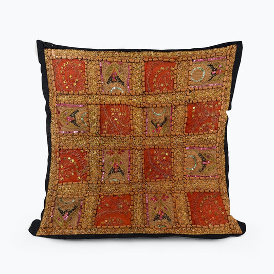 Brown & Gold Patchwork Throw Pillow Cover – Handmade Indian Textile Handmade Indian Patchwork Cushion Cover – 19x19 Inch Boho Tapestry Pillow Vintage Embroidered Tapestry Pillow Cover – 19x19” Bohemian Decor (Jenny) #2