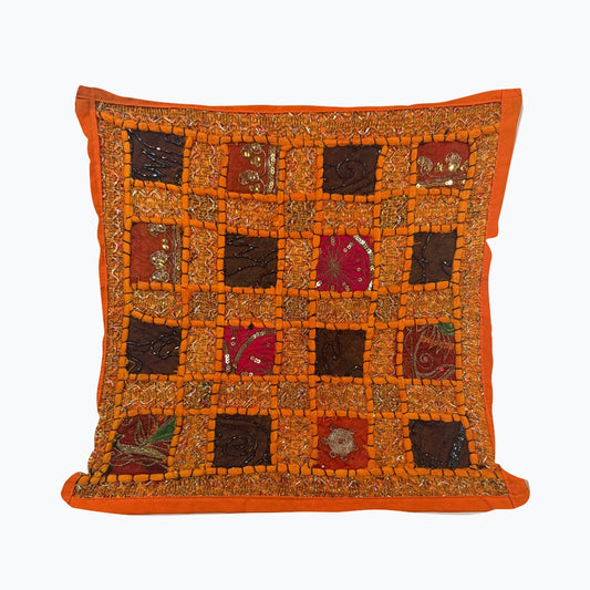 16" Orange Tapestry Patchwork Pillow Cases Indian Handmade Beaded Cushion Cover Decor Black Beaded Tapestry Pillow Cover: Vintage Indian Embroidered Cushion #12