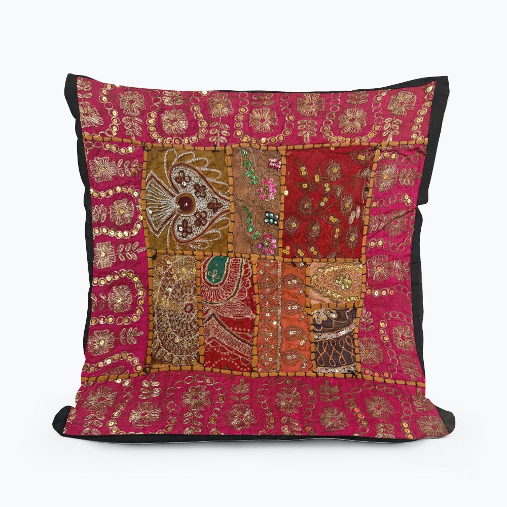 16'' INDIAN TAPESTRY CUSHION COVER ZARI BEADED PATCHWORK DECOR CUSHION COVERS (Kelly) #17
