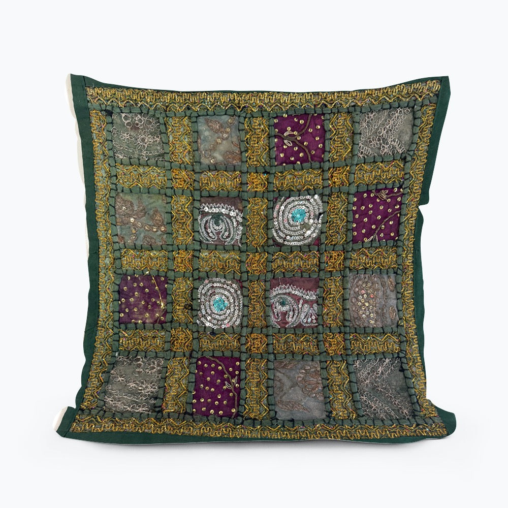 16" Square Green Vintage Tapestry Pillow Cover: Beaded Zari Embroidery, 16" Square