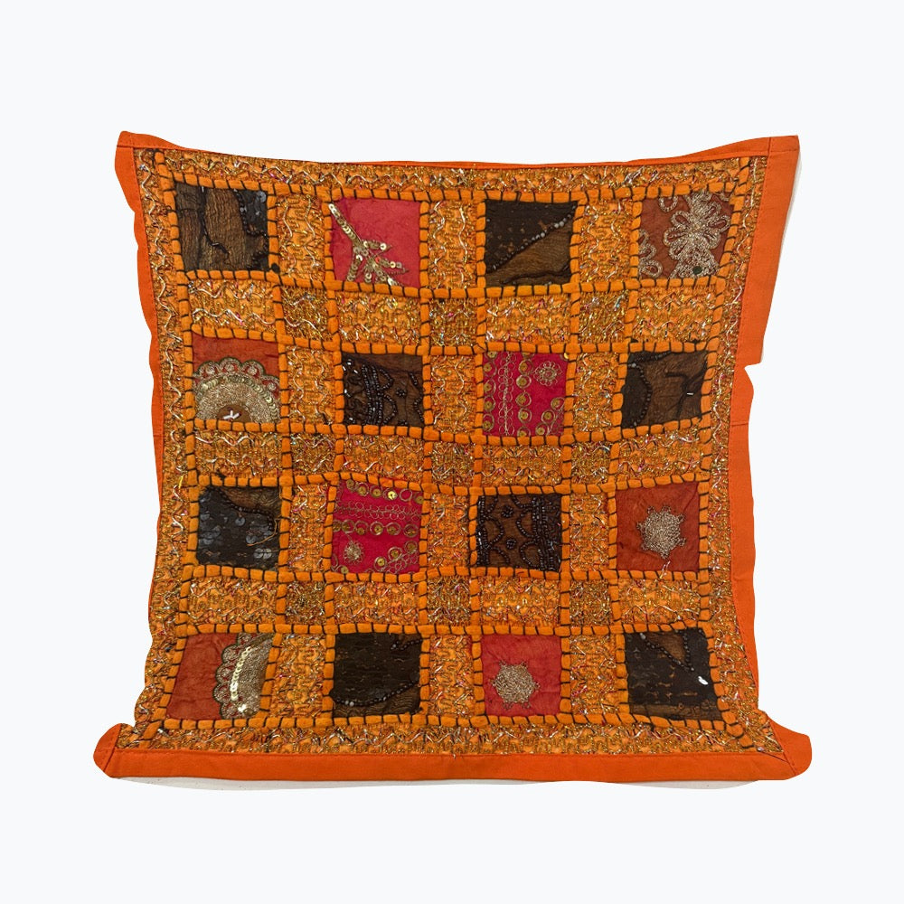 16 Inch Orange Vintage Indian Tapestry Pillow Cover: Zari Beaded Embroidered Throw Pillow