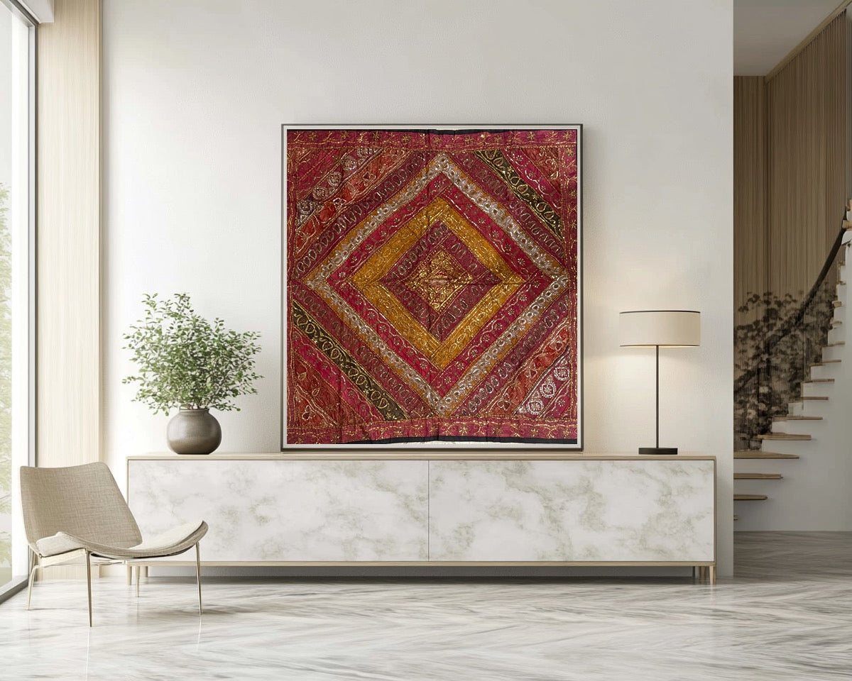 Handmade Embroidered Indian Tapestry Wall Hanging – Vintage Sari Patchwork Zari Mirror Work Boho Decor, Large Multicolor Textile Art 58" x 57" Inch Ethnic Bohemian Home Decoration