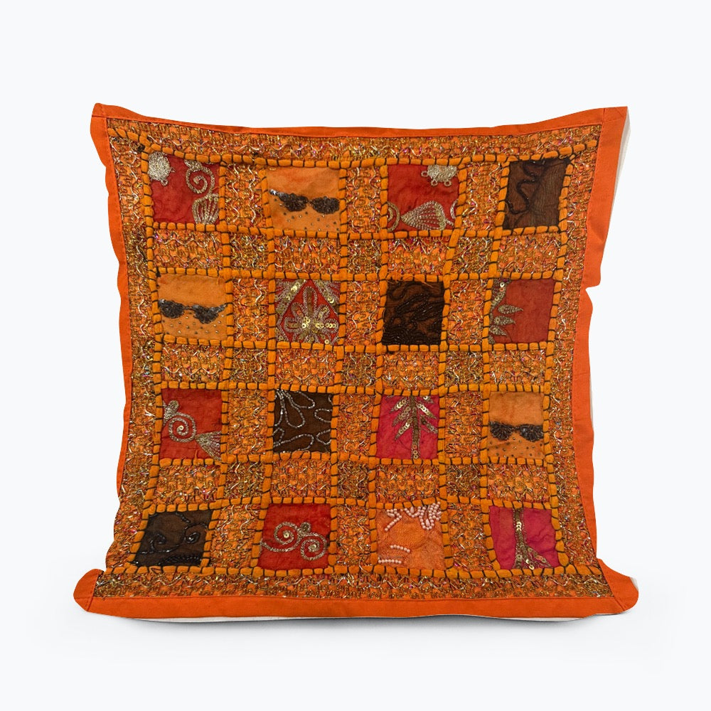 16 Inch Orange Vintage Indian Tapestry Pillow Cover: Zari Beaded Embroidered Throw Pillow