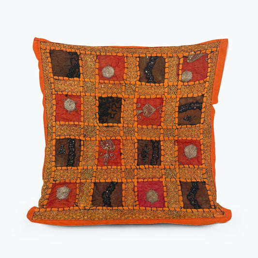 16" Orange Tapestry Patchwork Pillow Cases Indian Handmade Beaded Cushion Cover Decor Black Beaded Tapestry Pillow Cover: Vintage Indian Embroidered Cushion #23