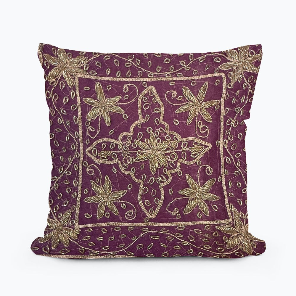 10"x10" Inch Purple Handmade Embroidered Organza Pillow Cover: Ethnic Floral Cushion Case