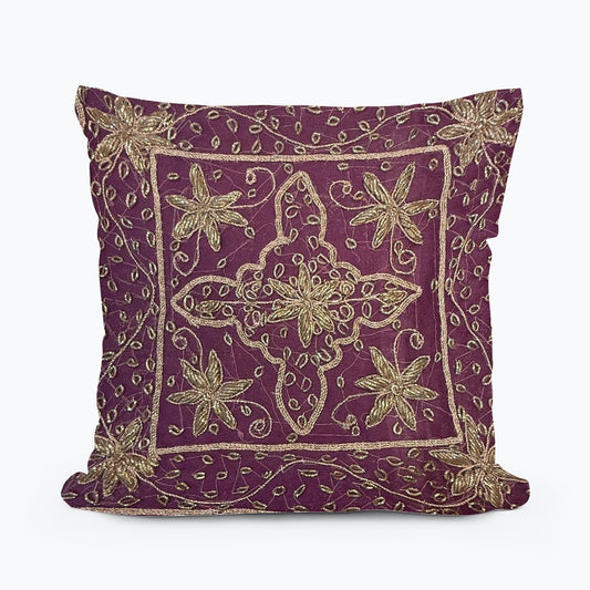 10"x10" Inch Purple Handmade Embroidered Organza Pillow Cover: Ethnic Floral Cushion Case