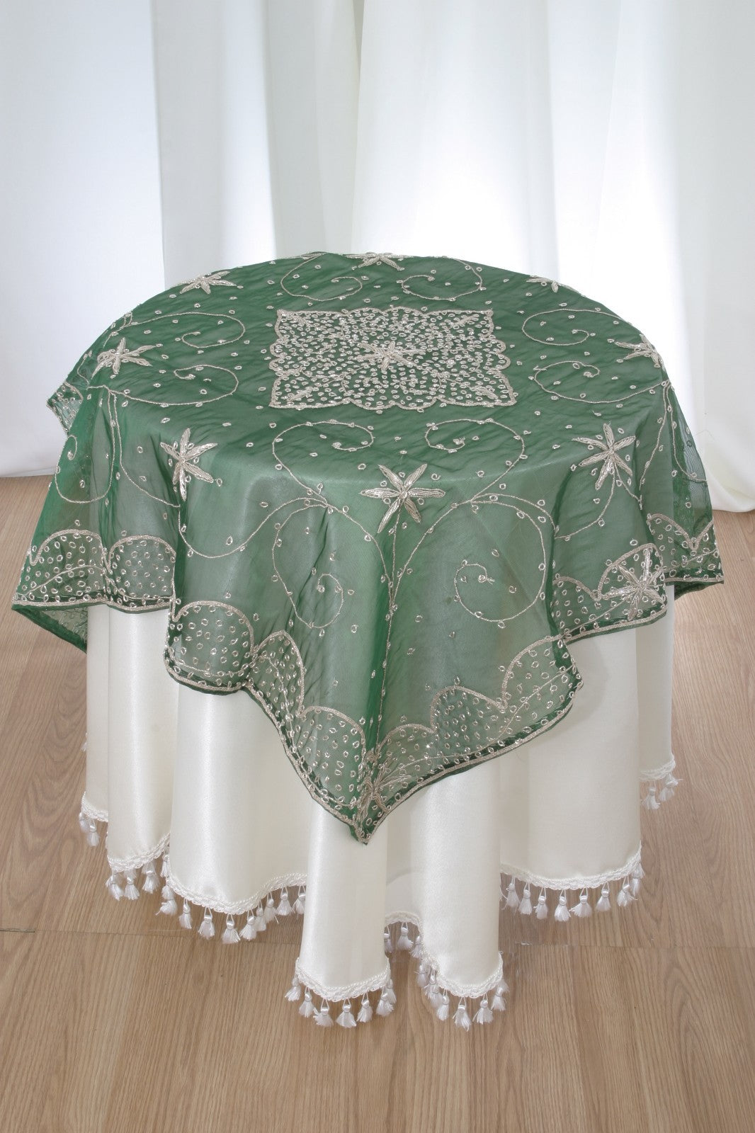 Handmade Indian Embroidered Organza Tablecloth – Elegant Dining Room Decor Embroidered Organza Table Cover – Traditional Indian Dining Tablecloth