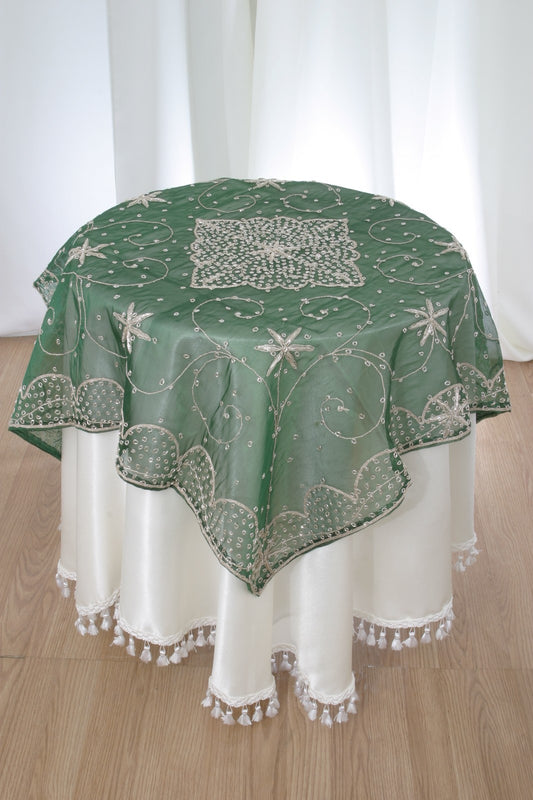 Handmade Indian Embroidered Organza Tablecloth – Elegant Dining Room Decor Embroidered Organza Table Cover – Traditional Indian Dining Tablecloth